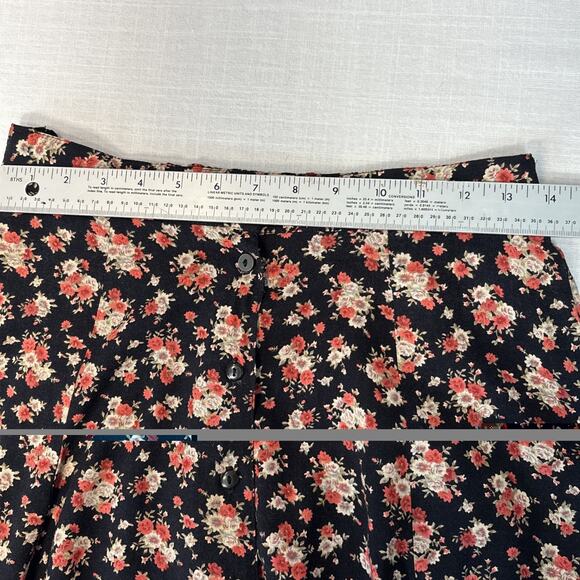 Vintage 90s Floral Button Front MaxiSkirt Black Red Ditsy Print A-Line Lg - Picture 9 of 10